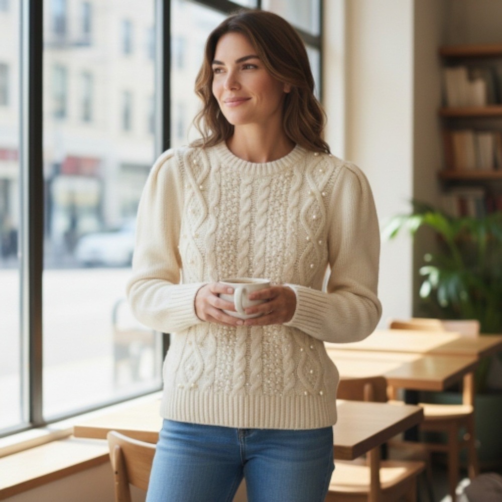 COS Pearl Cable Knit Sweater Ivory‎ Wool Cashmere Crewneck Women Size M Nordic